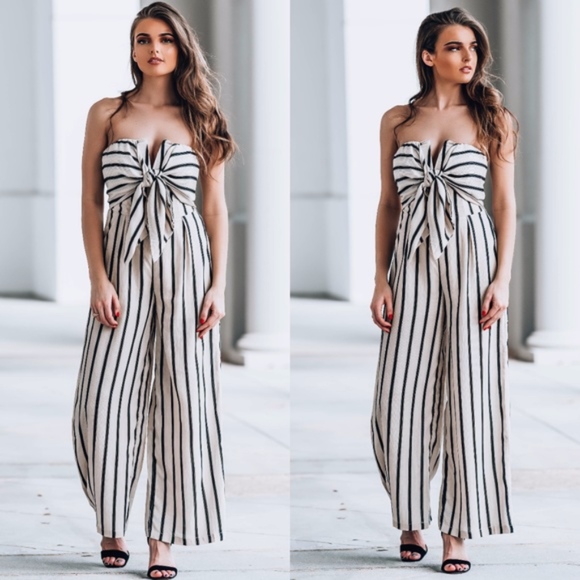 Bellanblue Pants - Striped Wide Leg Jumpsuit - CREAM